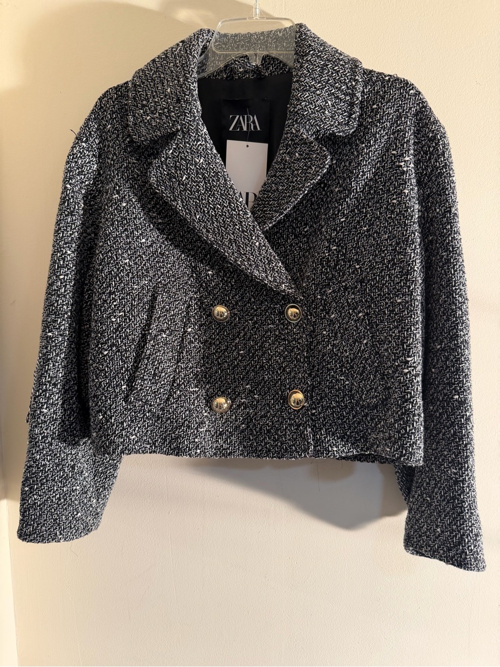 ZARA Black & White Tweed Double-Breasted Cropped Blazer